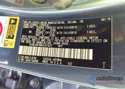 2019 Toyota Highlander Xle z USA, uszkodzony, nr VIN 5TDKZRFH6KS341872